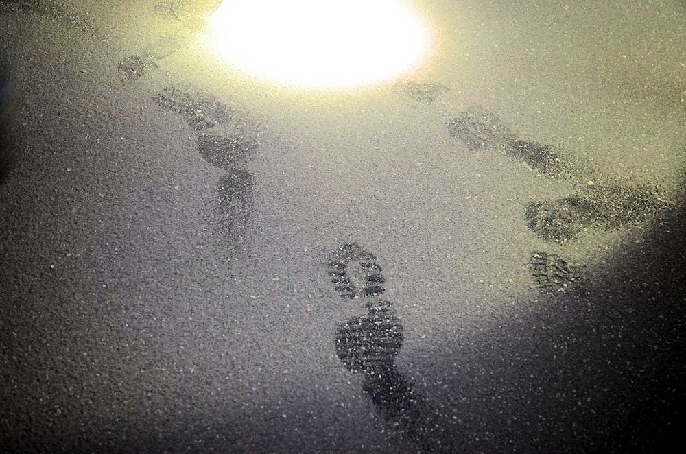 Footprints inside the tower Footprints in the dust from sandblasting the interior