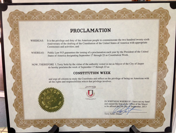 Jasper Mayor Terry Seitz issued a proclamation commemorating September 17 through 23 as Constitution Week.