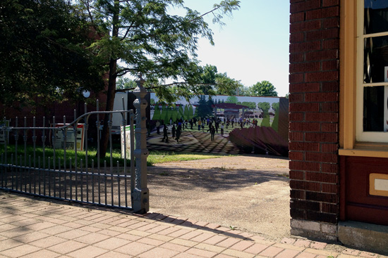 OFS Brands provided a trailer to display a potential vision for the Market Street/Fourth Street Park during the site visit conducted by the Stellar Grant committee.
