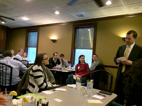 Bill Kaiser (right) addressed the Emerging Leaders during the 2015 Kickoff event held at the Mill House in Jasper.