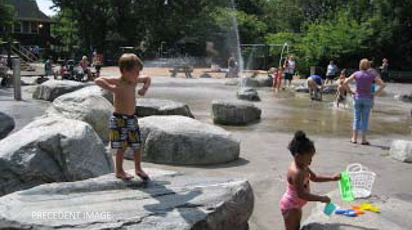 A splash park included in the first phase of construction would reflect the natural theme of the park by using boulders and rock columns as spray features and shallow pool areas etched in stone.