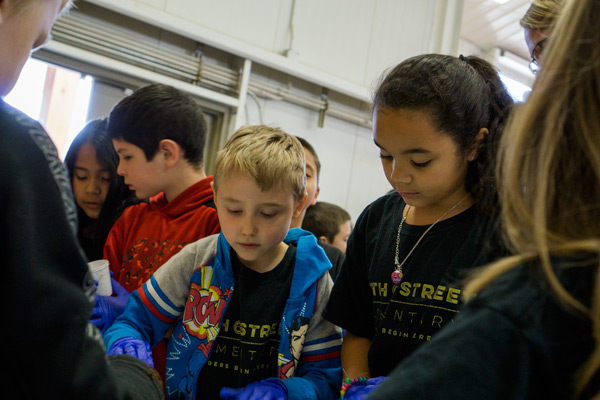 Dominic McKnight, 8, and Adaysha Smiley, 8, of Mrs. Messmer's class, planted seeds to help start the HOPE Garden. Fifth Street Elementary's six kindergarten classes, six first-grade classes and five second-grade classes, or over 450 students, filed into the stable to plant seeds for the garden Friday.