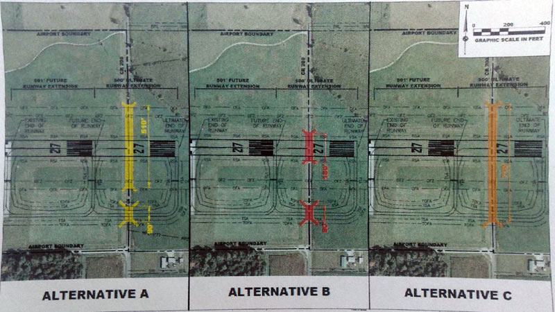 Alternatives for runway extension project. Highlighted areas indicate tunnel construction.
