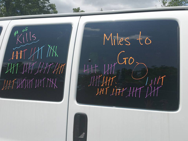 Miles down and kills are noted on the back of the team's van. A kill occurs when a runner passes anothe runner during the race. Ultra Drinkers with a Ragnar Problem killed