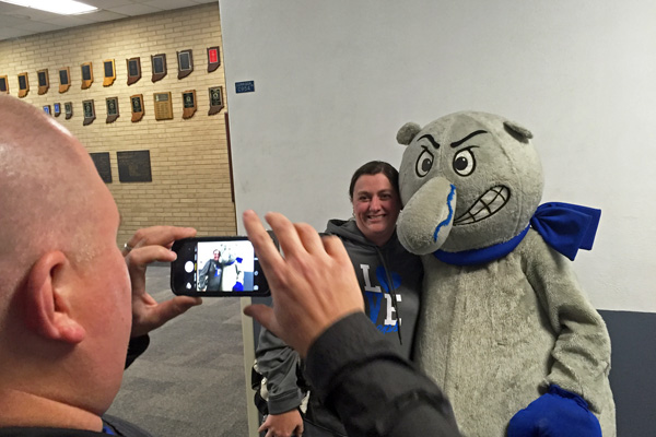 Stan Goodman took a photo of his wife Karla with Eugene the Jeep Tuesday evening before the school board meeting.