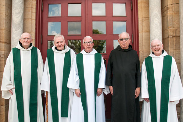  Benedictine monks who celebrated 60 years of monastic profession are, from left, Fr. Timothy Sweeney, Fr. Denis Quinkert, Fr. Lambert Reilly, Br. Andrew Zimmermann and Fr. Meinrad Brune.