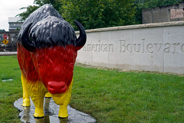 The bison sponsored by Redevelop Old Jasper Action Coalition on display now at the German American Blvd. 