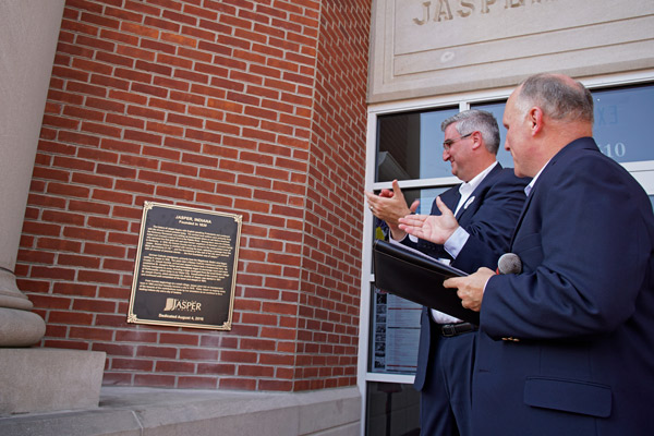 Lt. Gov. Eric Holcomb was on hand to reveal the new bicentennial plaque added to Jasper's City Hall.
