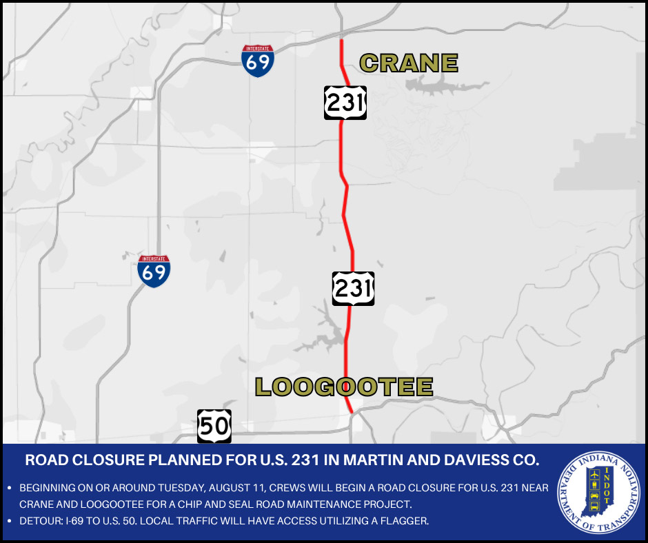 Road closure planned for U.S. 231 in Martin and Daviess County