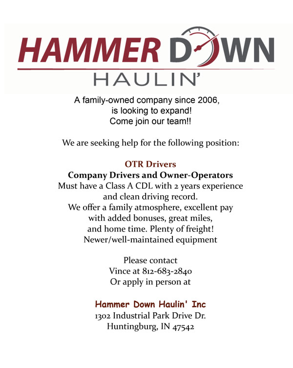 Hammer Down Haulin’ seeking OTR Drivers