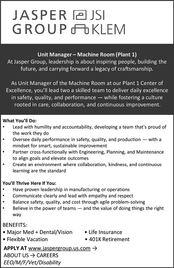 Jasper Group seeking Unit Manager – Machine Room (Plant 1)