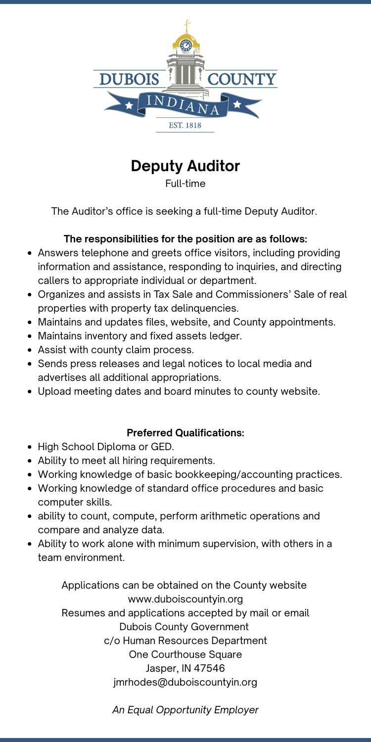 Dubois County Auditor’s Office seeking Deputy Auditor