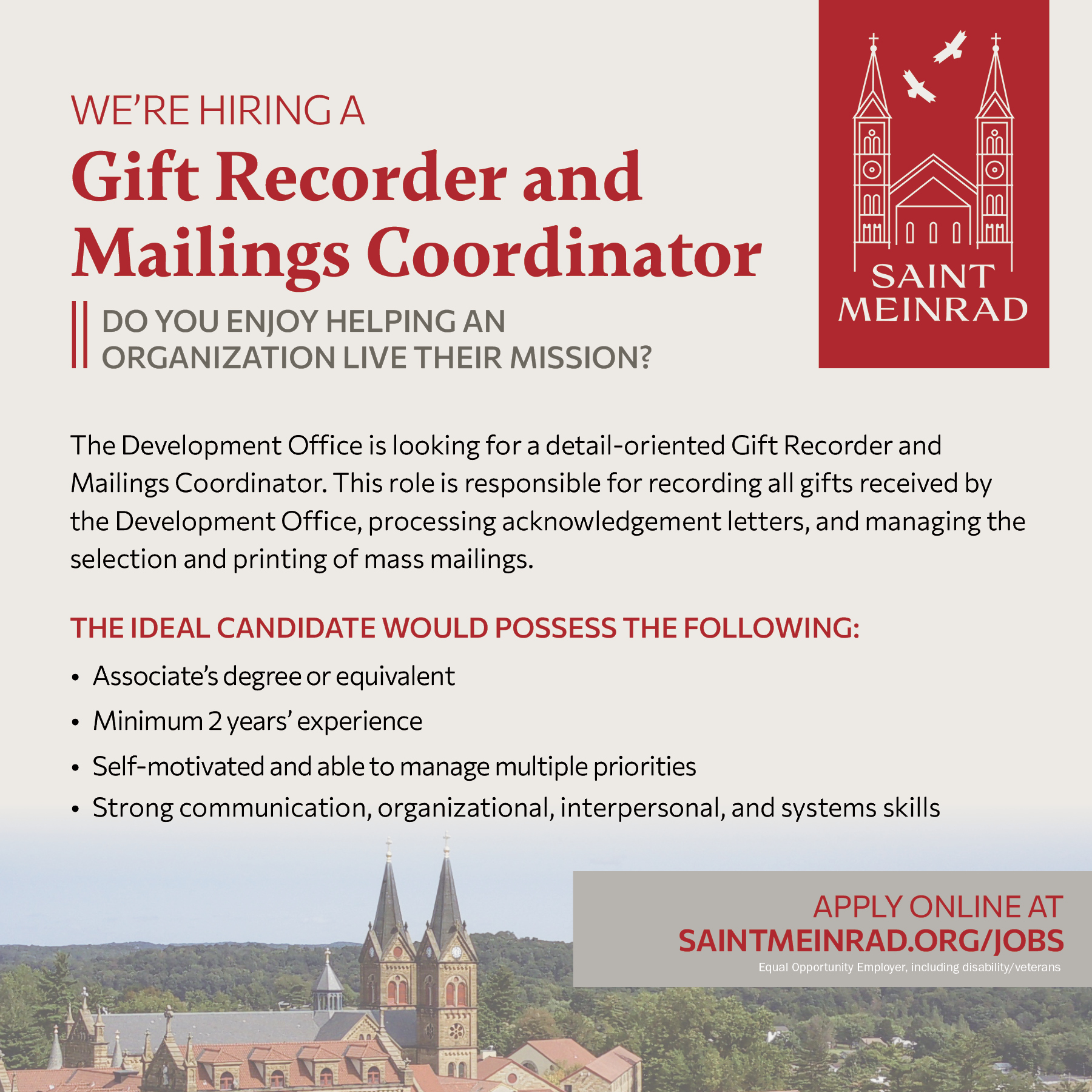 Saint Meinrad Archabbey seeking Gift Recorder and Mailings Coordinator