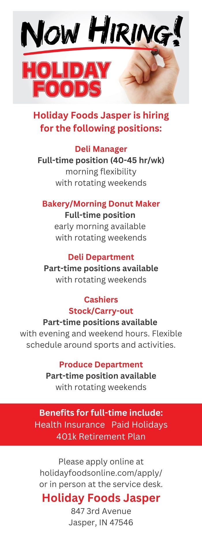 Holiday Foods Jasper now hiring