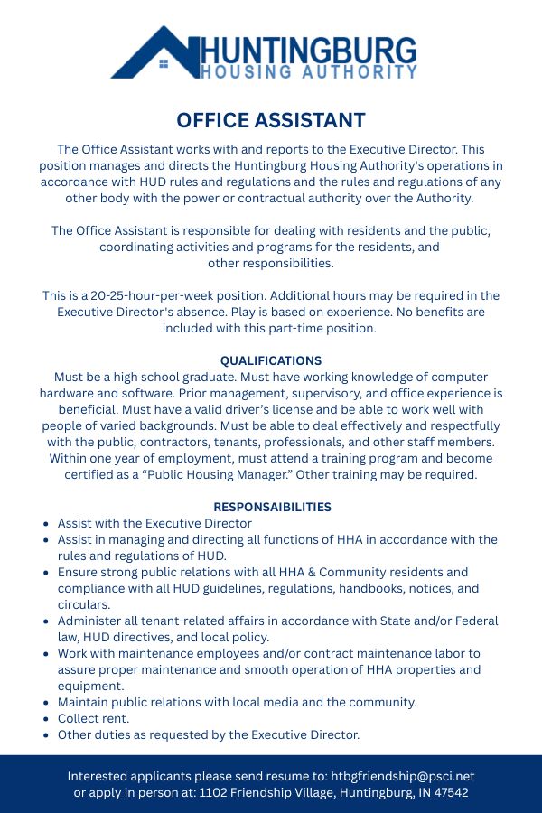 Huntingburg Housing Authority seeking Office Assistant