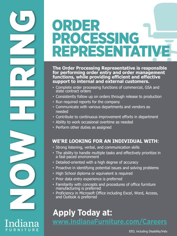 Indiana Furniture seeking Order Processing Representative