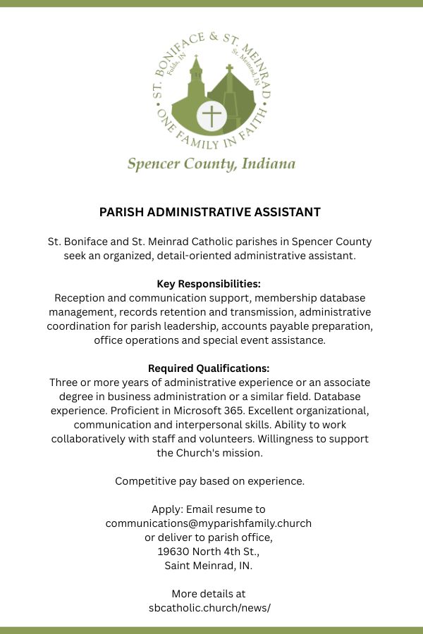 St. Boniface & St. Meinrad Parishes seeking Parish Administrative Assistant