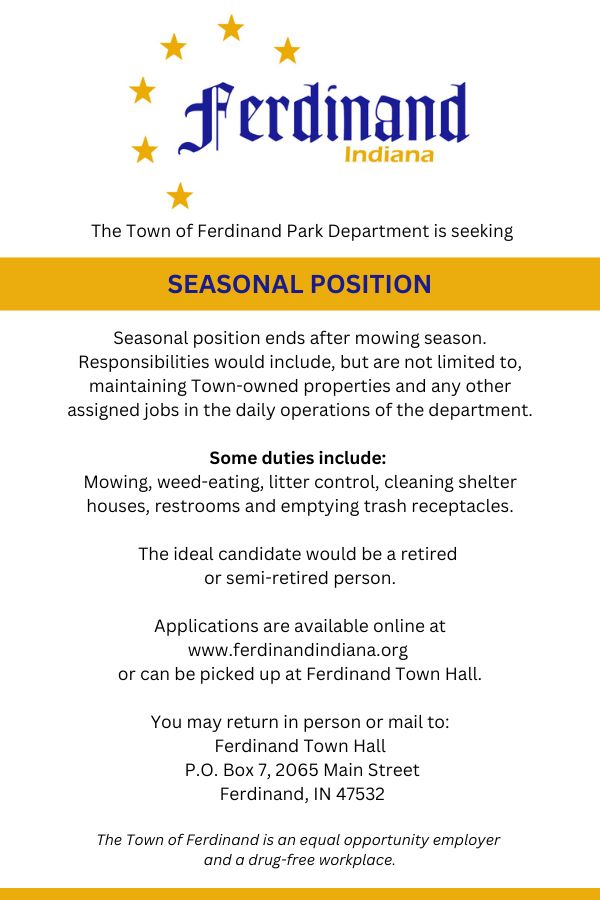 Ferdinand Park Department hiring for Seasonal Position