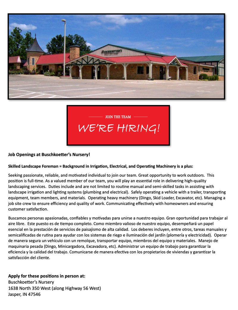 Buschkoetter’s Nursery seeking Landscape Foreman