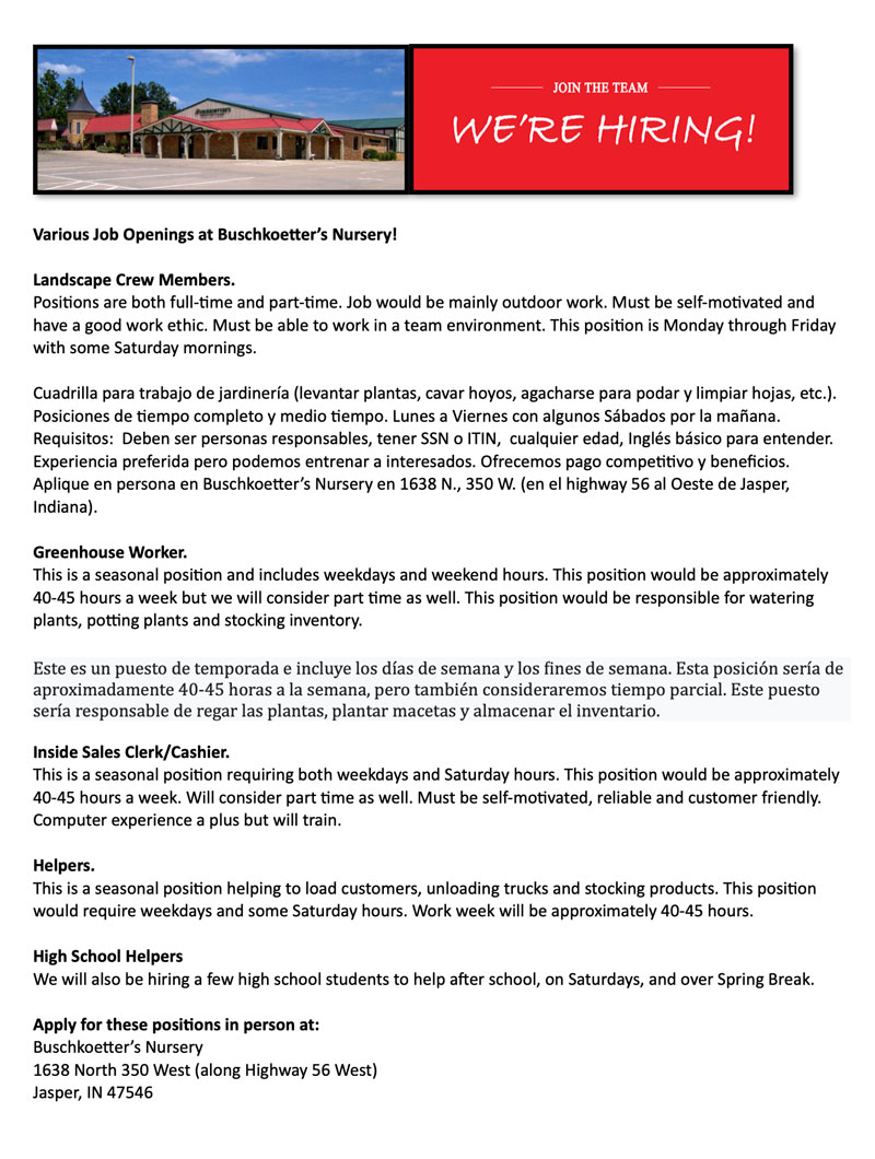 Buschkoetter’s Nursery now hiring