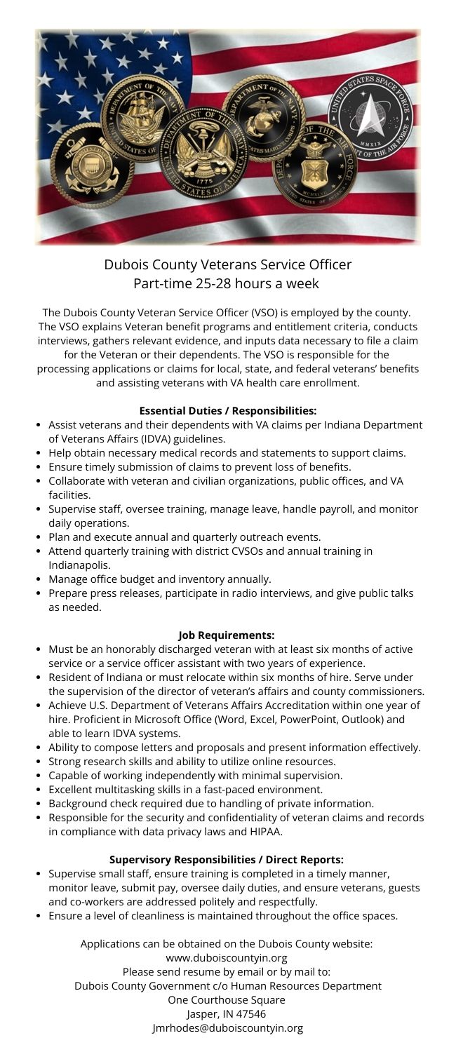 Dubois County seeking Veterans Service Officer