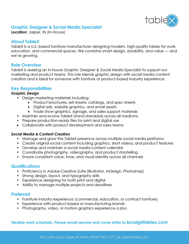 Table X seeking Graphic Design & Social Media Specialist
