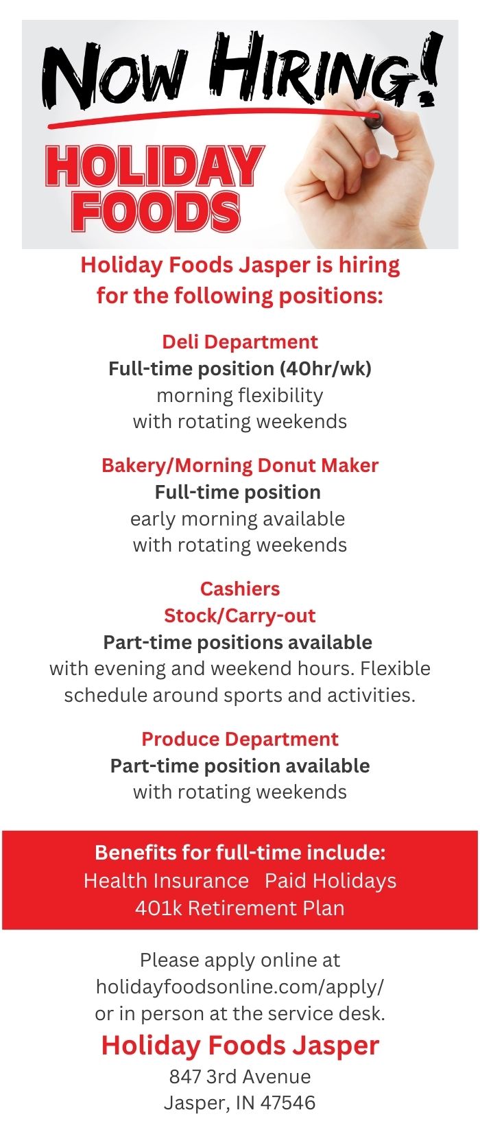 Holiday Foods Jasper now hiring