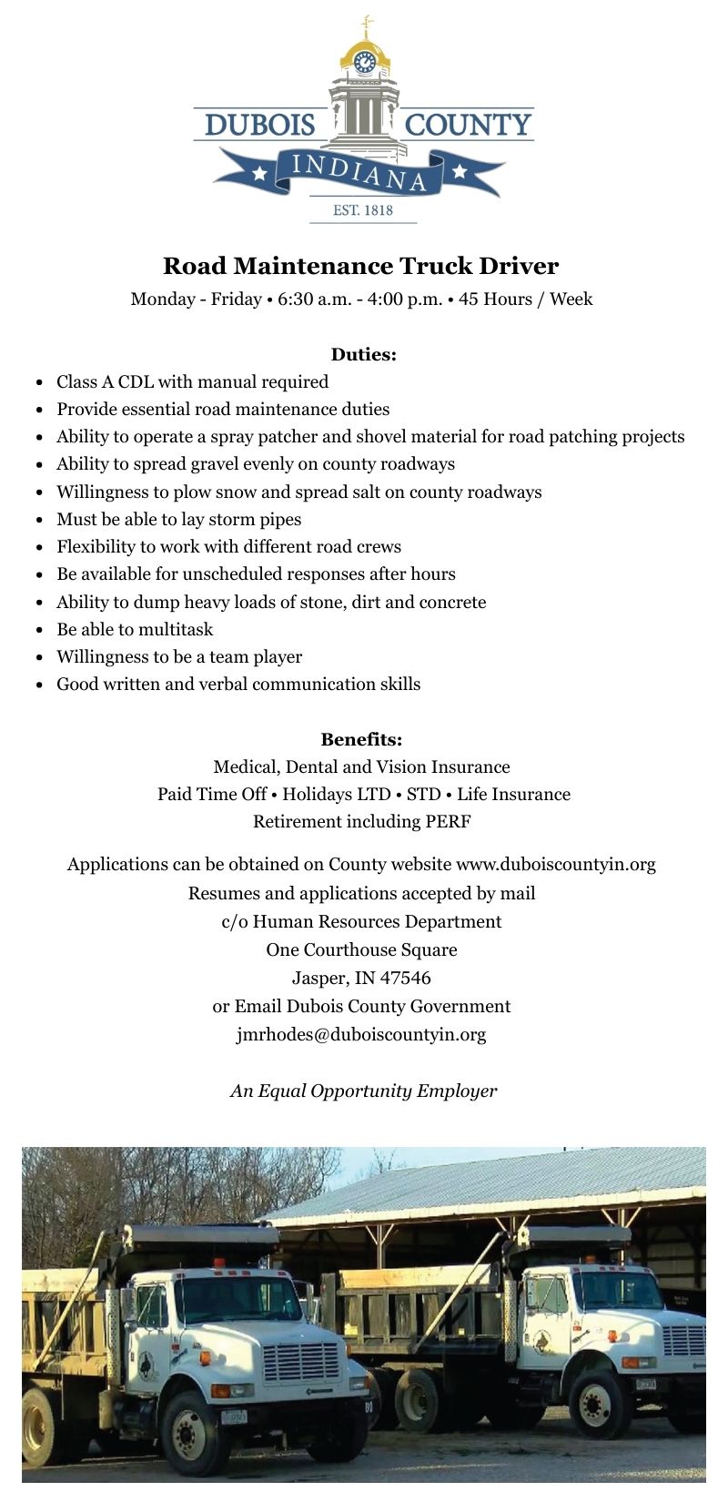 Dubois County seeking Road Maintenance Truck Driver