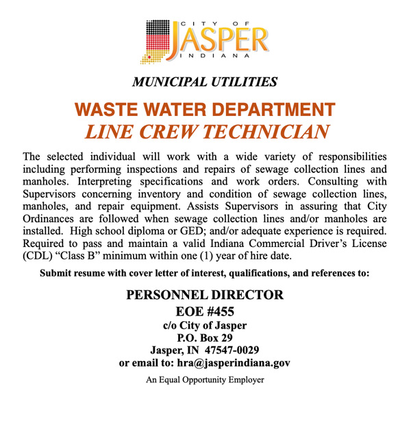 Jasper Waste Water Department seeking Line Crew Technician