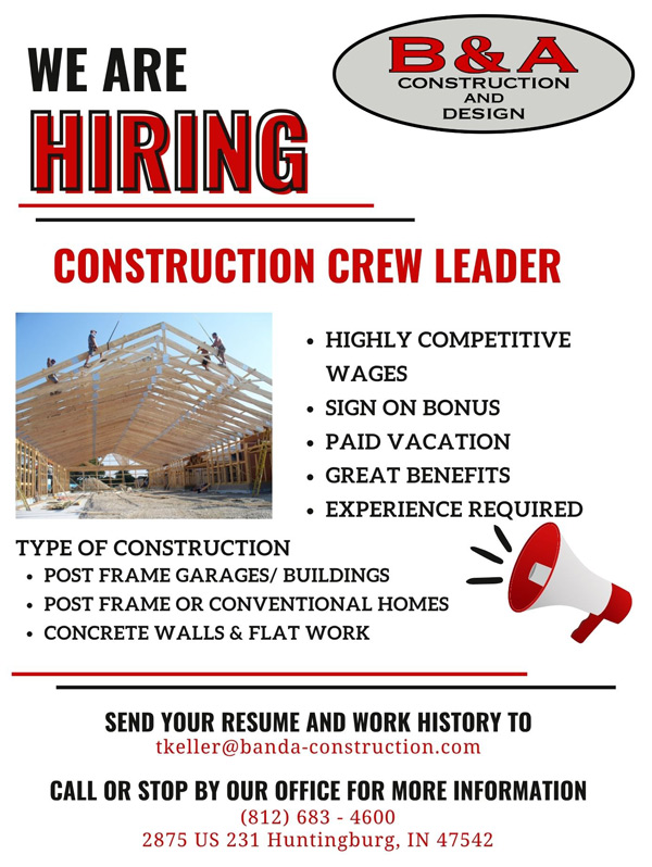 B&A Construction and Design seeking Construction Crew Leader