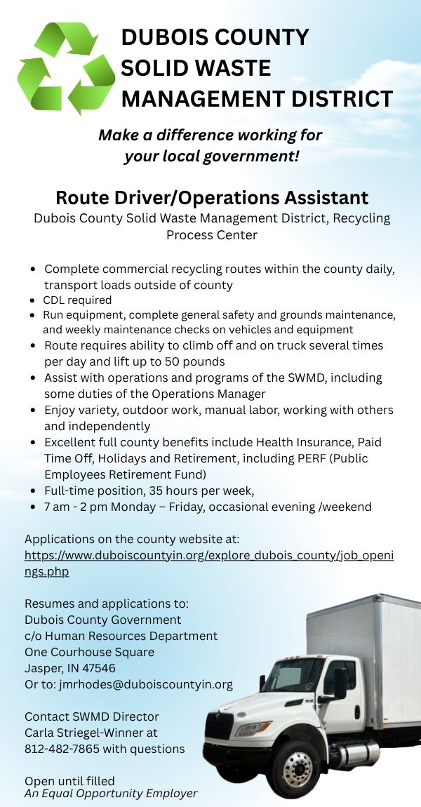 Dubois County Solid Waste Mnagement District seeking Route Driver/Operations Assistant