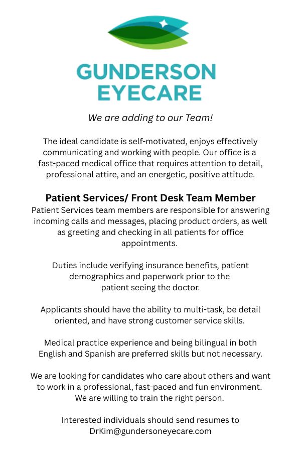 Gunderson Eyecare seeking Patient Services/Front Desk Team Member