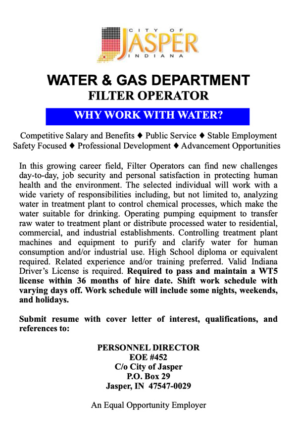 City of Jasper Water & Gas Department seeking Filter Operator