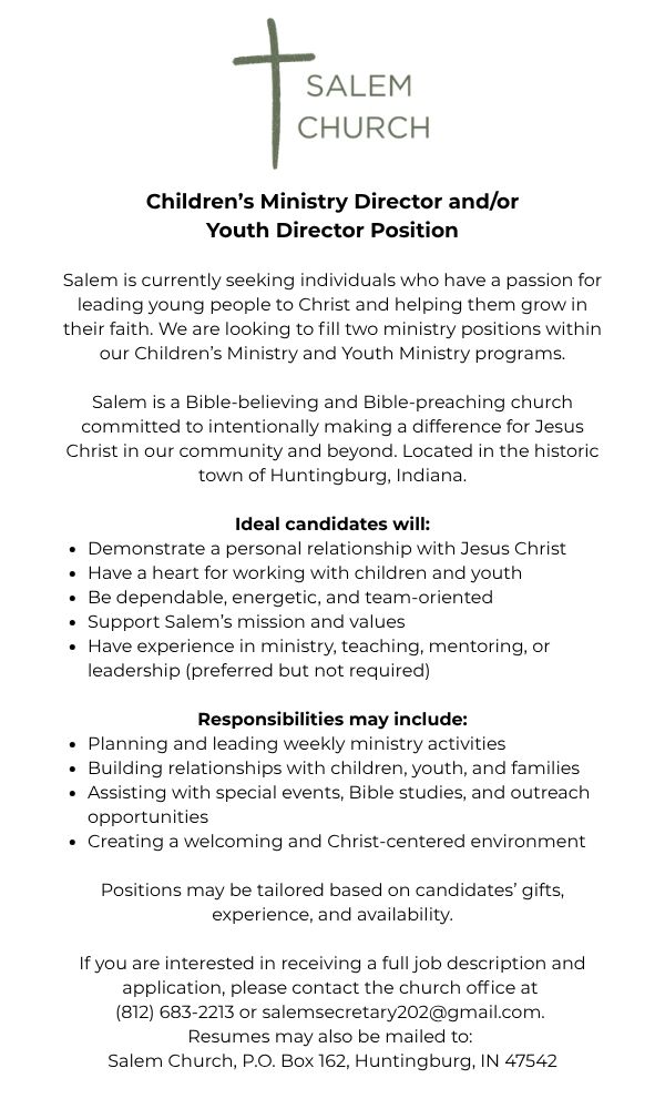 Salem Church seeking Children’s Ministry Director and/or Youth Director