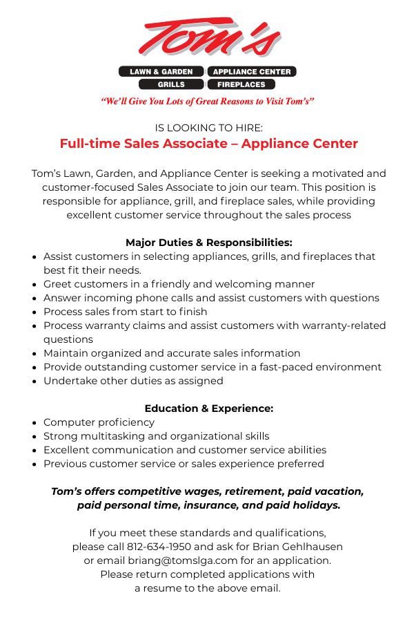 Tom’s Lawn & Garden seeking Sales Associate – Appliance Center