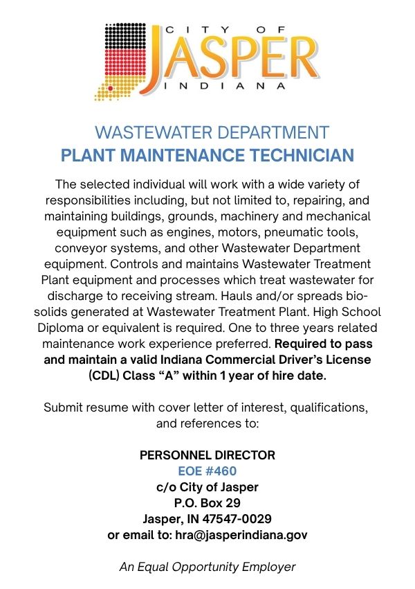 City of Jasper Wastewater Department seeking Plant Maintenance Technician