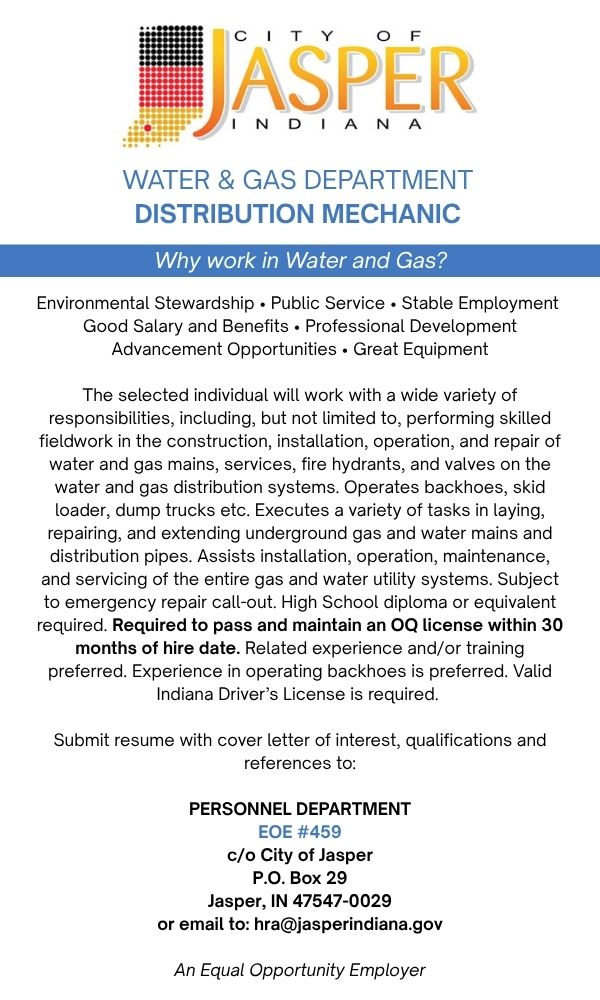 City of Jasper Water & Gas Department seeking Distribution Mechanic