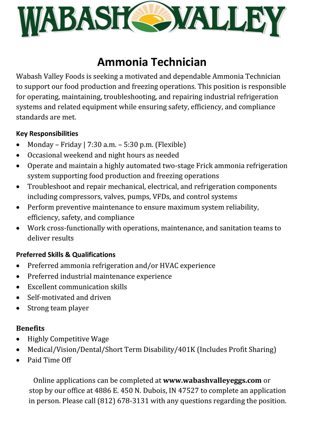 Wabash Valley seeking Ammonia Technician