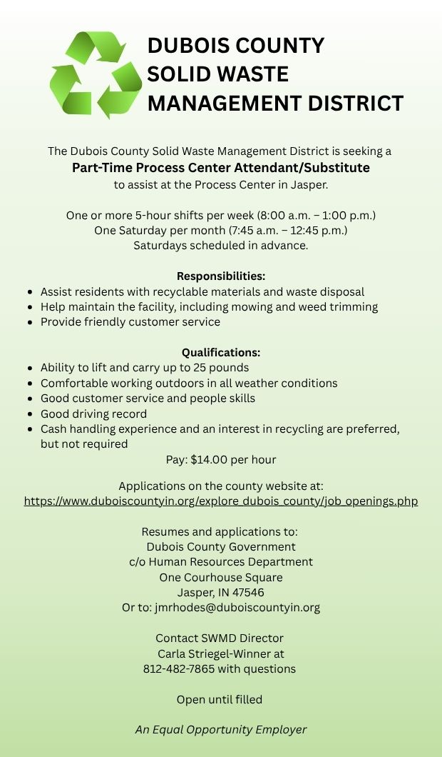 Dubois County Solid Waste Management District seeking Process Center Attendant/Substitute