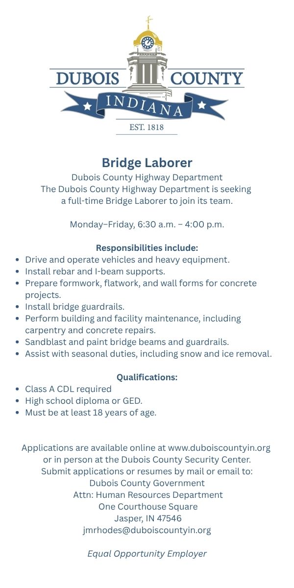 Dubois County Highway Department seeking Bridge Laborer