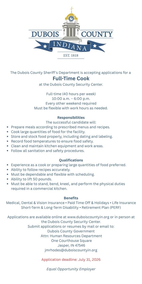 Dubois County Security Center seeking Cook