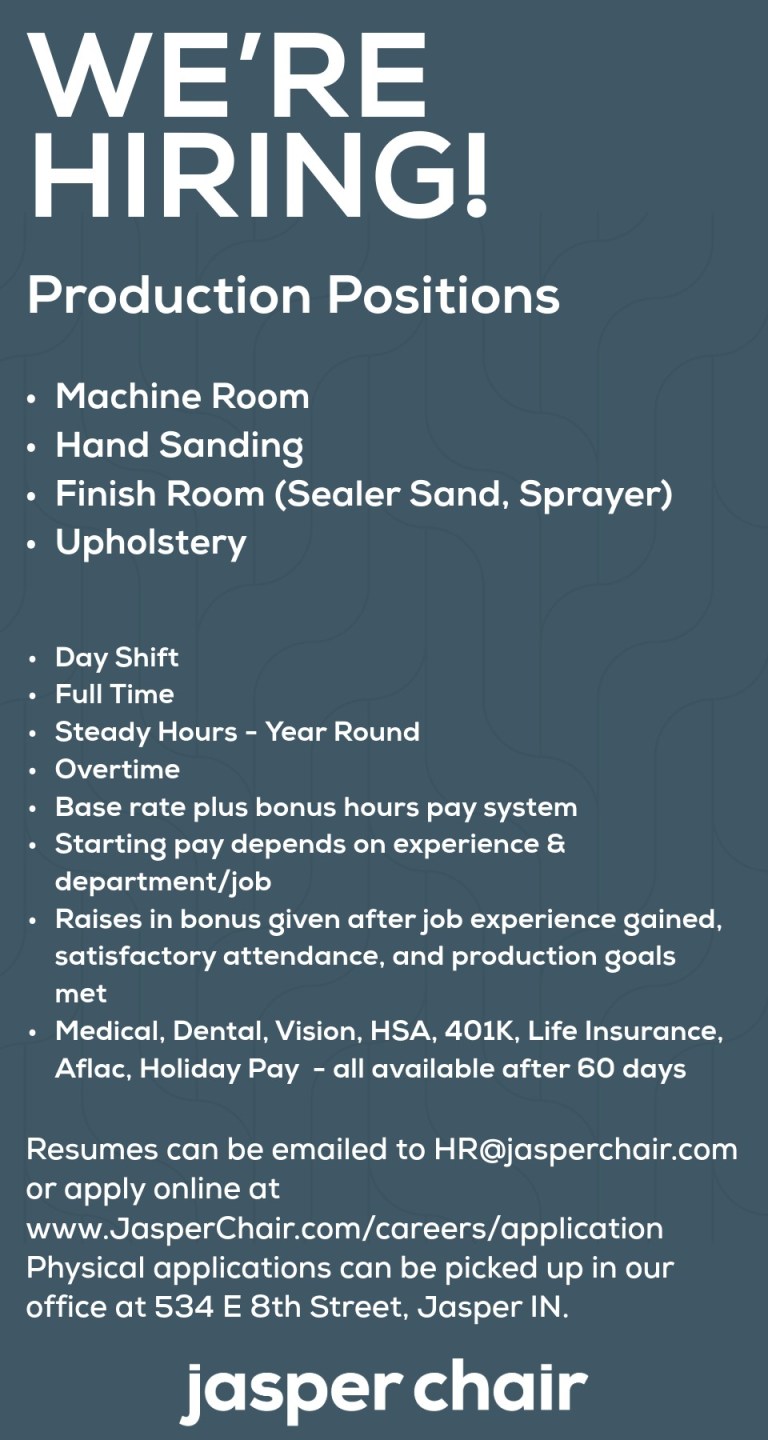 Jasper Chair hiring for Machine Room, Hand Sanding, Finish Room, and Upholstery