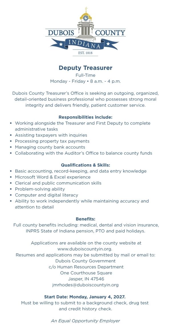 Dubois County Treasurer’s Office seeking Deputy Treasurer