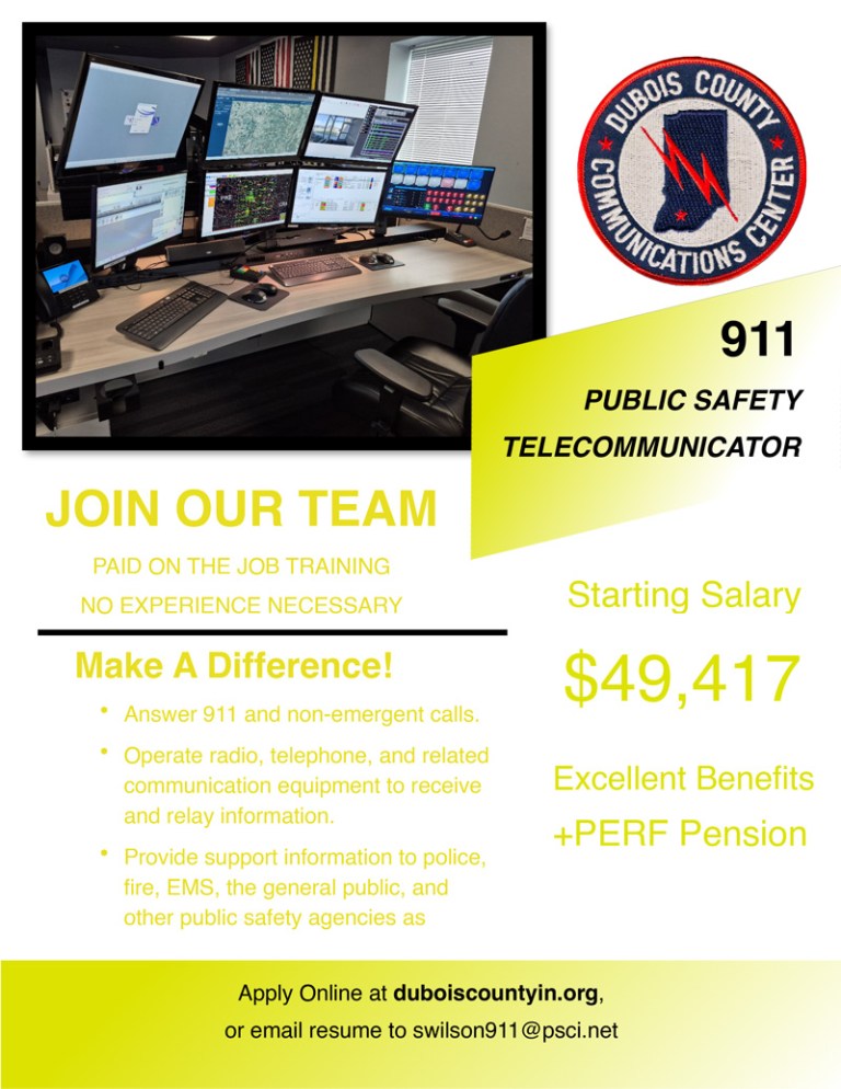 Dubois County Communications Center seeking Public Safety Telecommunicator