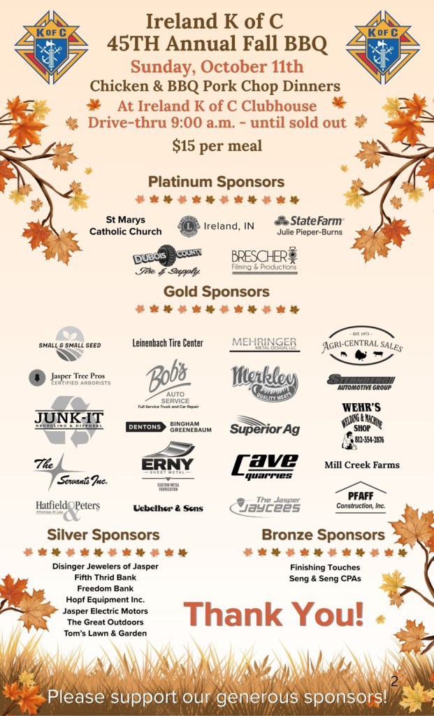 Ireland K of C 45th Annual Fall BBQ October 11, 2026