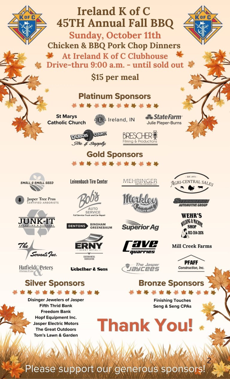 Ireland K of C 45th Annual Fall BBQ October 11, 2026