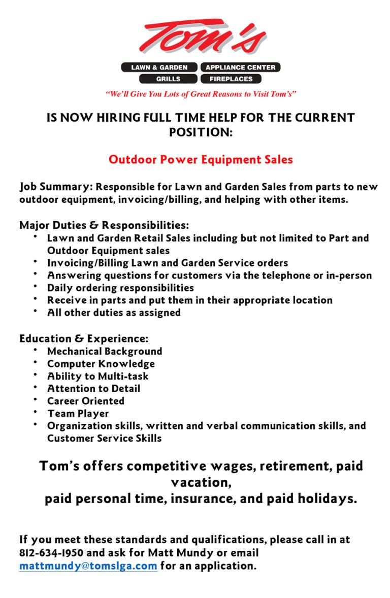 Tom’s Lawn & Garden hiring for Outdoor Power Equipment Sales
